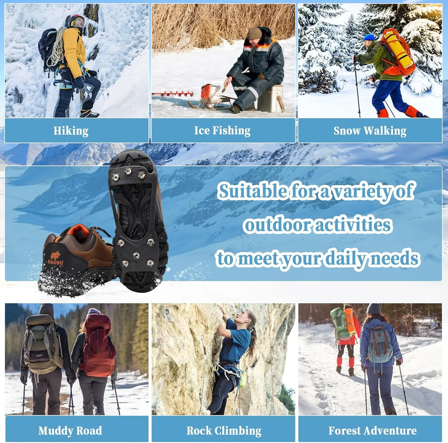 2 Pairs Non Slip Gripper Spikes for Shoes, Ice Traction Cleats with 8 Steel Studs Crampon for Walking On Snow and Ice, Shoe Spikes for ice Fishing, Hiking, Snow Shoveling