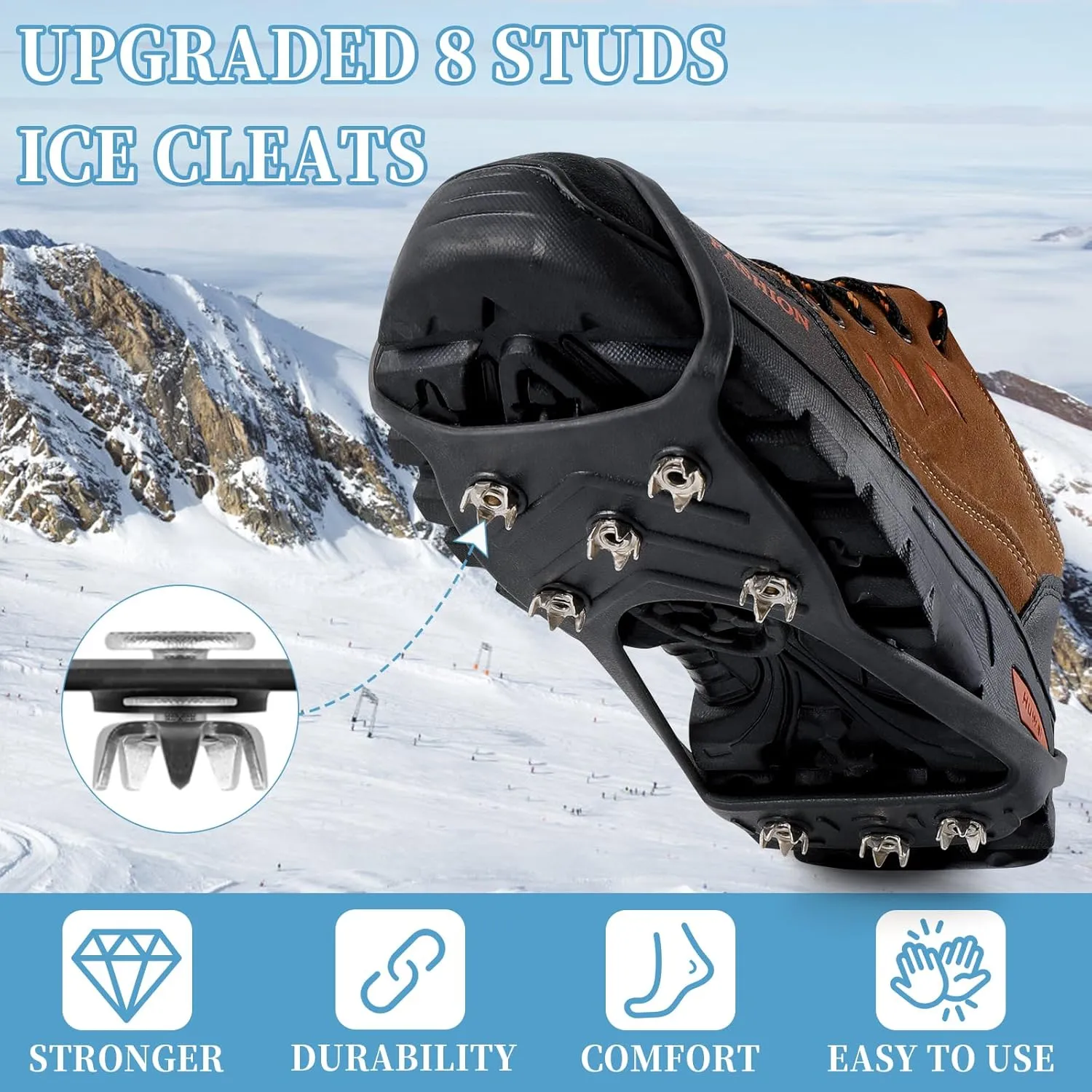 2 Pairs Non Slip Gripper Spikes for Shoes, Ice Traction Cleats with 8 Steel Studs Crampon for Walking On Snow and Ice, Shoe Spikes for ice Fishing, Hiking, Snow Shoveling