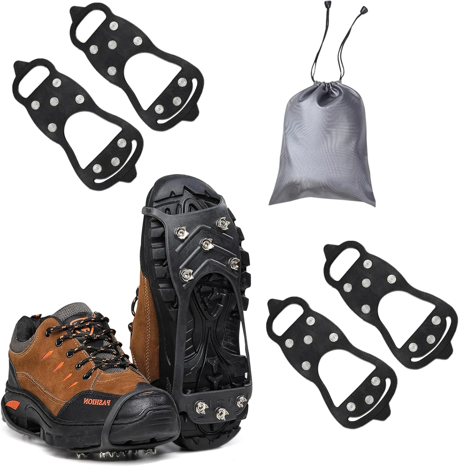 2 Pairs Non Slip Gripper Spikes for Shoes, Ice Traction Cleats with 8 Steel Studs Crampon for Walking On Snow and Ice, Shoe Spikes for ice Fishing, Hiking, Snow Shoveling