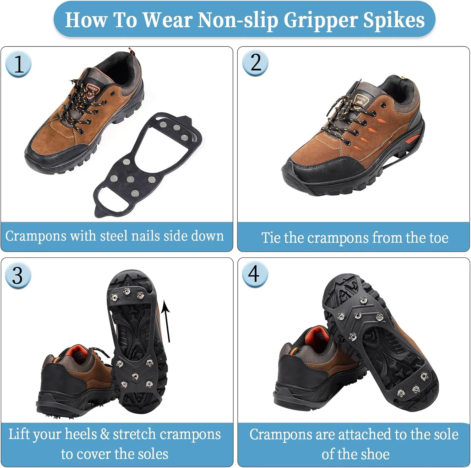 2 Pairs Non Slip Gripper Spikes for Shoes, Ice Traction Cleats with 8 Steel Studs Crampon for Walking On Snow and Ice, Shoe Spikes for ice Fishing, Hiking, Snow Shoveling