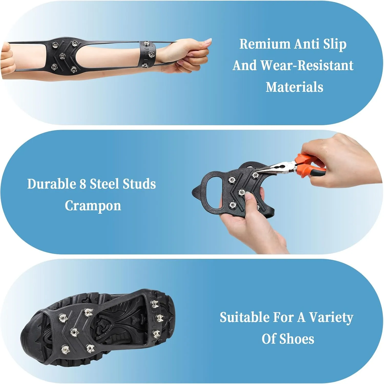 2 Pairs Non Slip Gripper Spikes for Shoes, Ice Traction Cleats with 8 Steel Studs Crampon for Walking On Snow and Ice, Shoe Spikes for ice Fishing, Hiking, Snow Shoveling