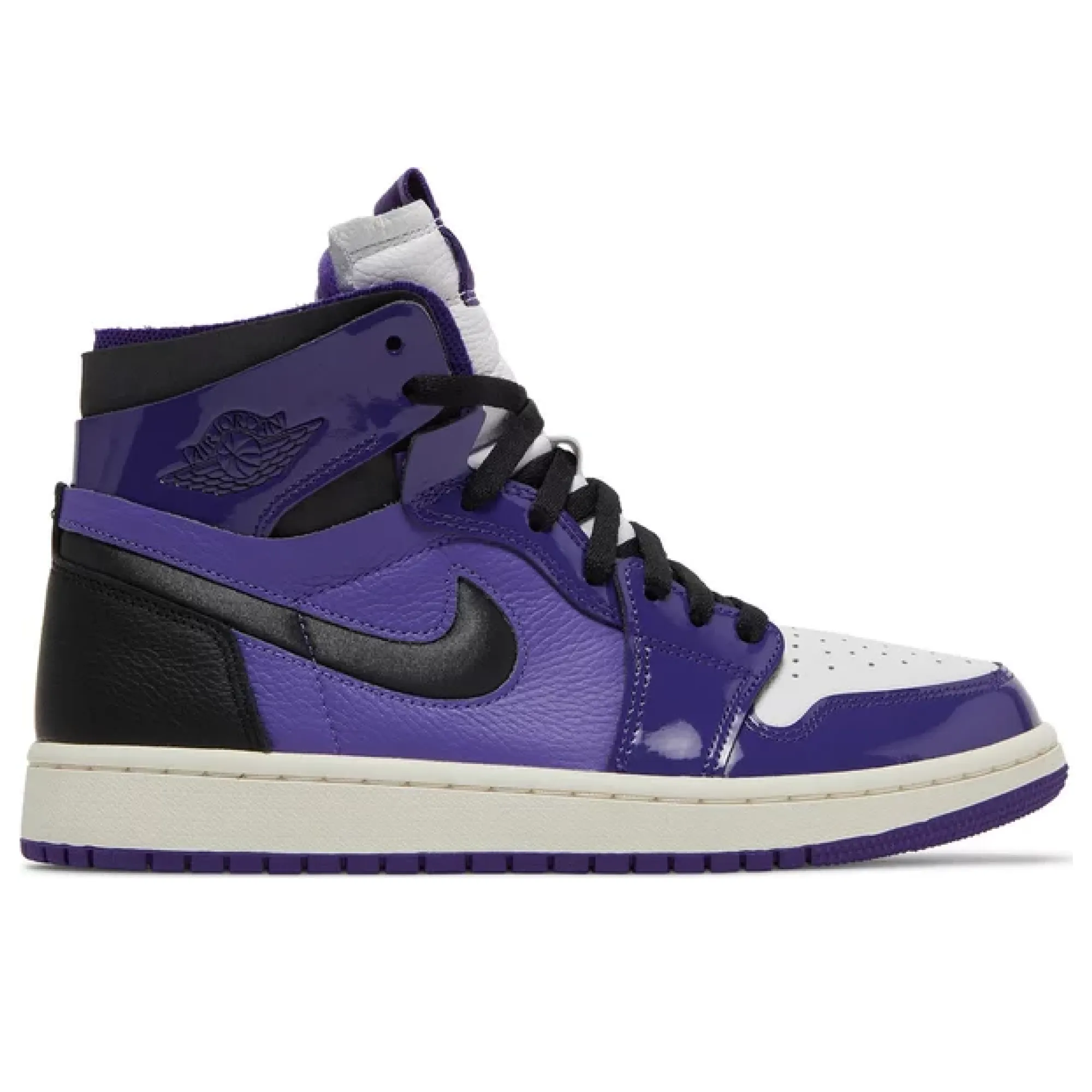 Air Jordan 1 High Zoom Air CMFT Purple Patent (Women's) running in a marsh area shoes