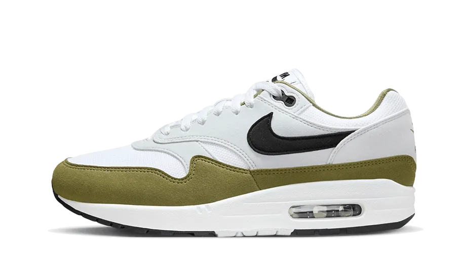 Air Max 1 White Black Medium Olive Multi Directional Flex Grooves Engineered Knit Zone