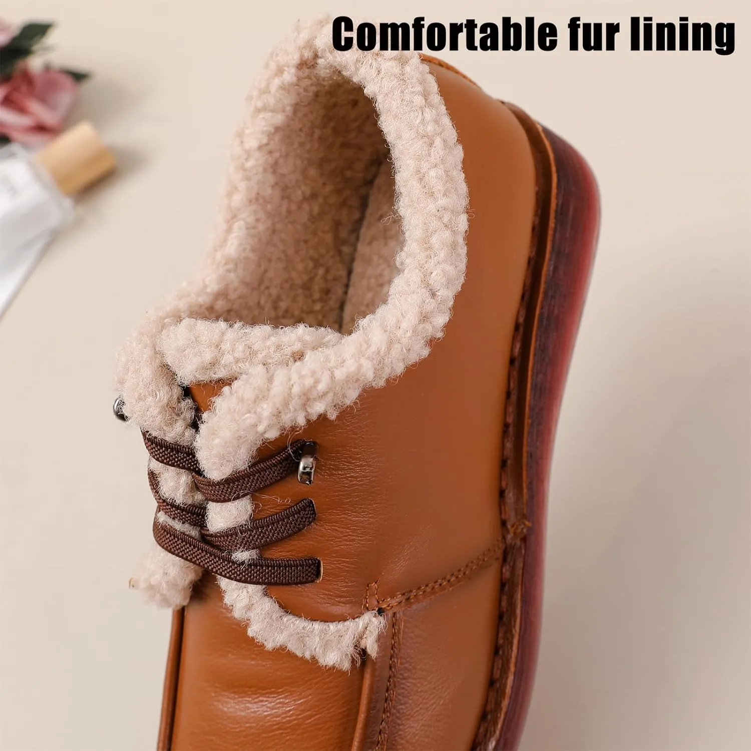 AMAZIDEAL Women's Winter Lace-up Casual Warm Booties,Fashion Leather Soft Sole Fur Lined Slip-on Snow Boots, Comfortable Non-Slip Soft Sole Low Top Work Booties
