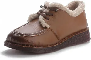 AMAZIDEAL Women's Winter Lace-up Casual Warm Booties,Fashion Leather Soft Sole Fur Lined Slip-on Snow Boots, Comfortable Non-Slip Soft Sole Low Top Work Booties