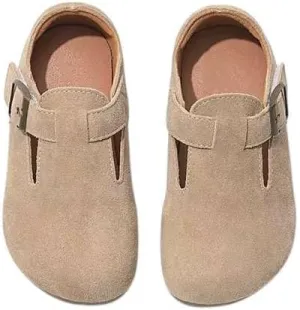 Childrens Suede Walking Shoes  Adjustable Buckle, Soft Sole, and Durable Design Beige