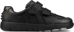 Clarks Boy's Rex Stride Black Leather School Shoes | Riptape Fastening | Dino Inspired | Toe Bumper | Wide Fit Available