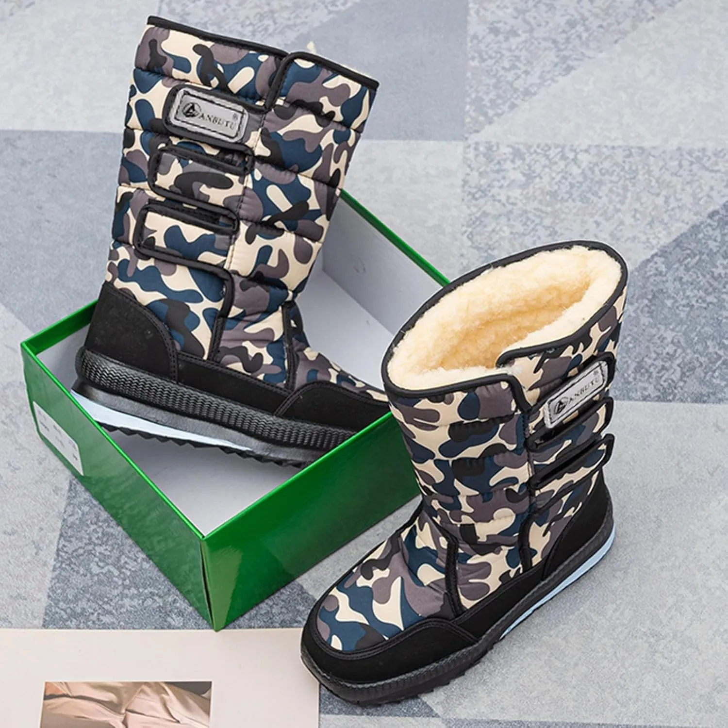 Cold Proof Mid Calf Snow Boots for Men Water Proof Thick Bottom Insulated Winter Boots Fleece Lined Warm Outdoor Apparel