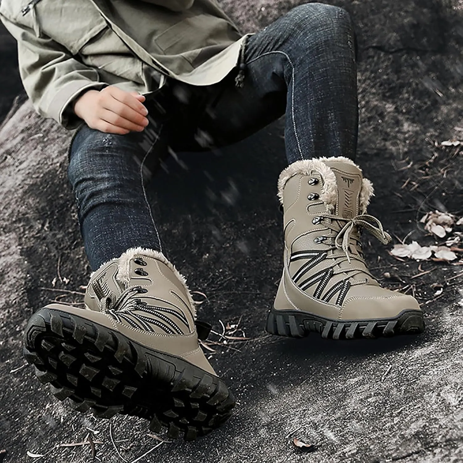 Cotton Snow Boots for Men Water Proof Insulated Mid Calf Boots Fleece Lined Warm Winter Non Slip Snow Boots