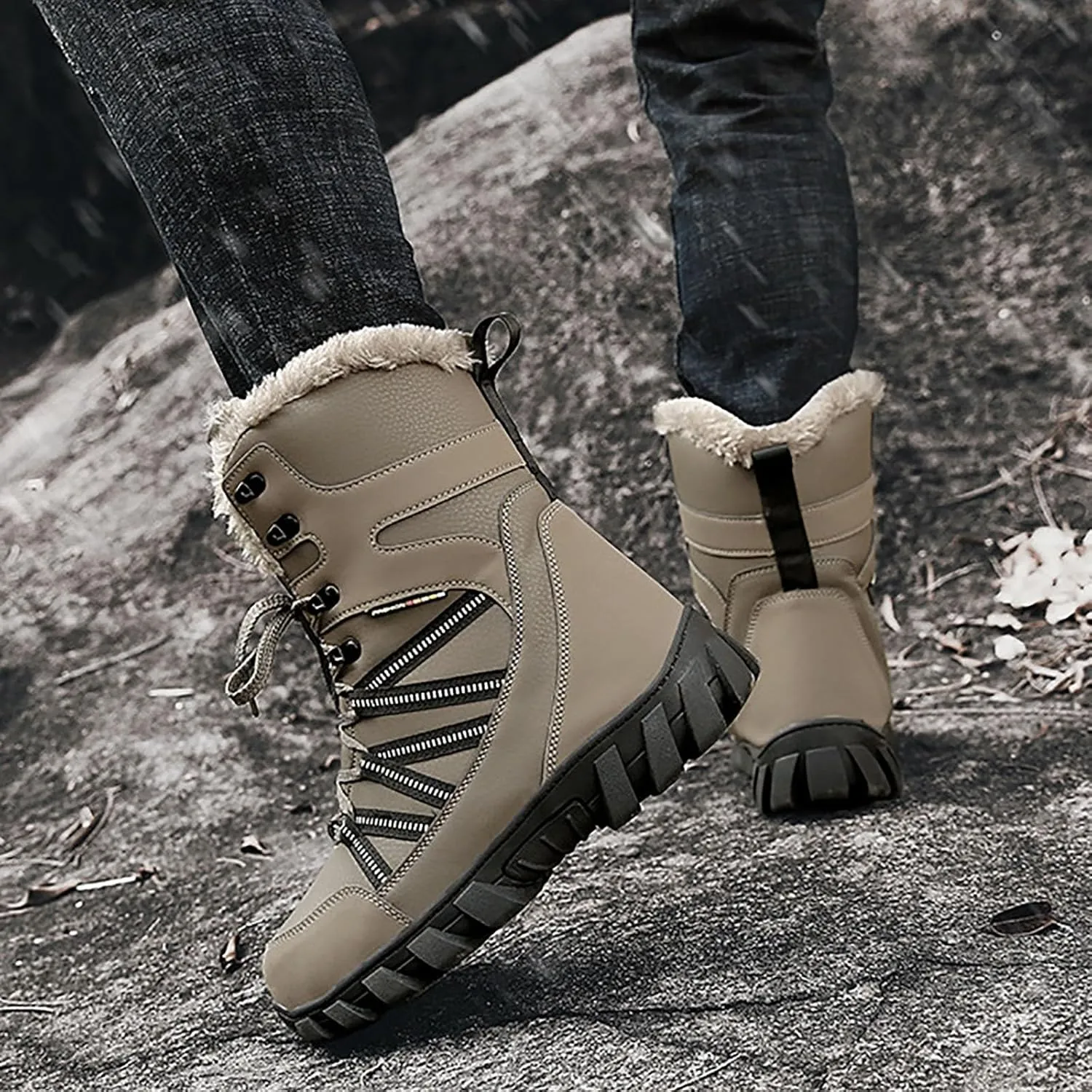 Cotton Snow Boots for Men Water Proof Insulated Mid Calf Boots Fleece Lined Warm Winter Non Slip Snow Boots