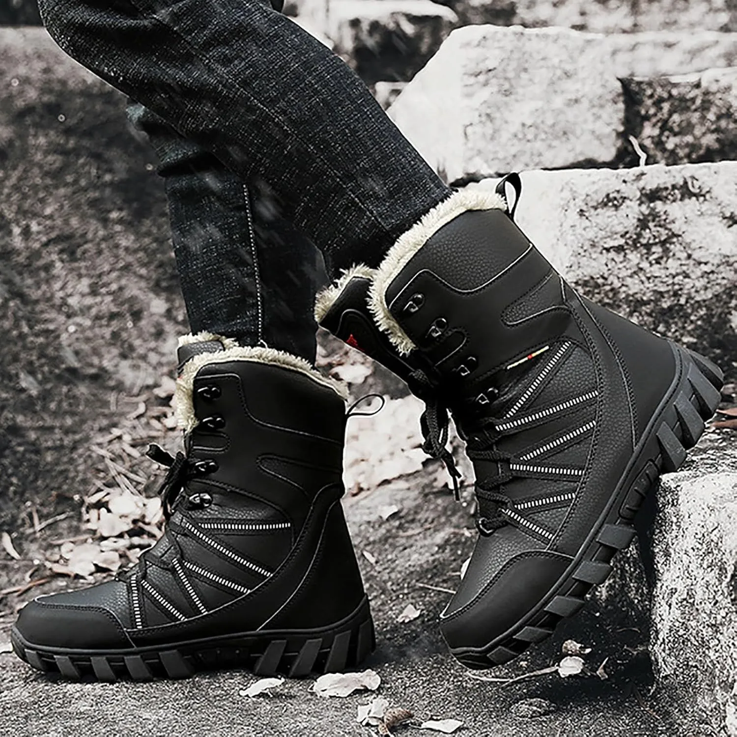 Cotton Snow Boots for Men Water Proof Insulated Mid Calf Boots Fleece Lined Warm Winter Non Wooden Snow Shoes for Men