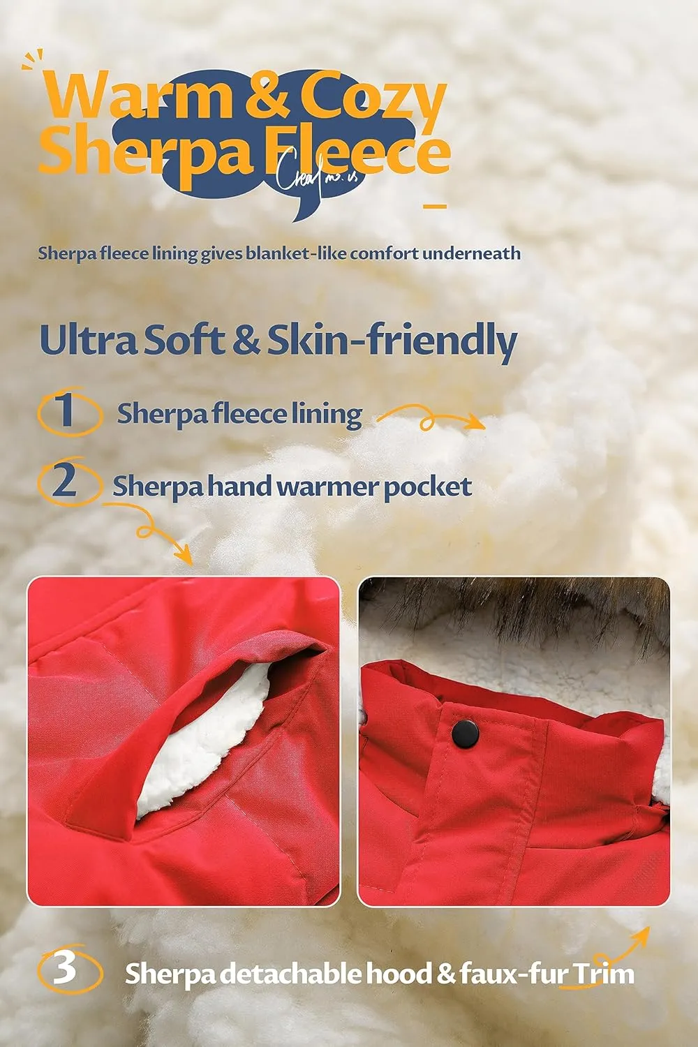 CREATMO US Boy's Sherpa Long Parka Winter Coat Thicken Water Repellent Puffer Jacket With Removable Faux Fur Hood