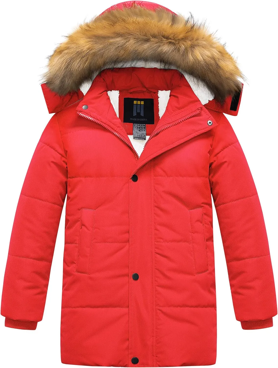 CREATMO US Boy's Sherpa Long Parka Winter Coat Thicken Water Repellent Puffer Jacket With Removable Faux Fur Hood