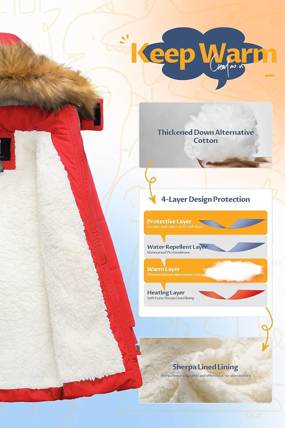CREATMO US Boy's Sherpa Long Parka Winter Coat Thicken Water Repellent Puffer Jacket With Removable Faux Fur Hood