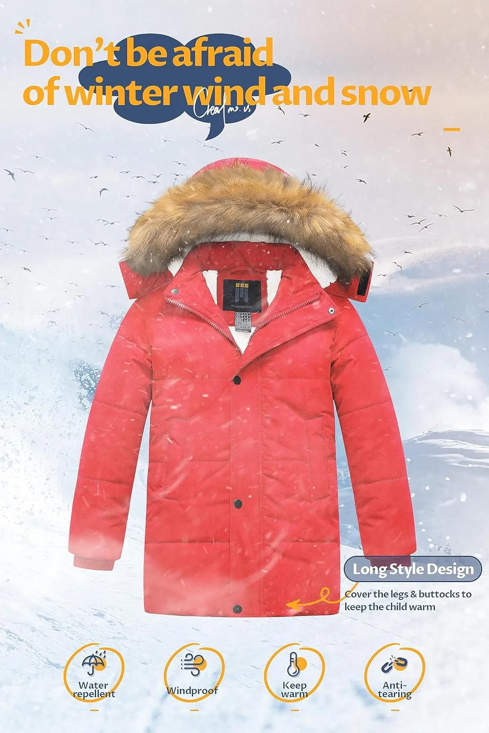 CREATMO US Boy's Sherpa Long Parka Winter Coat Thicken Water Repellent Puffer Jacket With Removable Faux Fur Hood