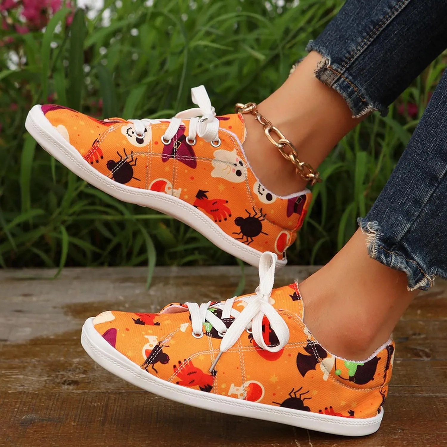 Crzidha Fashion Sneakers for Halloween,Stylish Pumpkin Print Colorful Lace-Up Canvas Flat Shoes Lightweight Slip-Ons Spooky Scary Skeleton Print Loafers Casual Halloween Festival Cosplay Party Flats