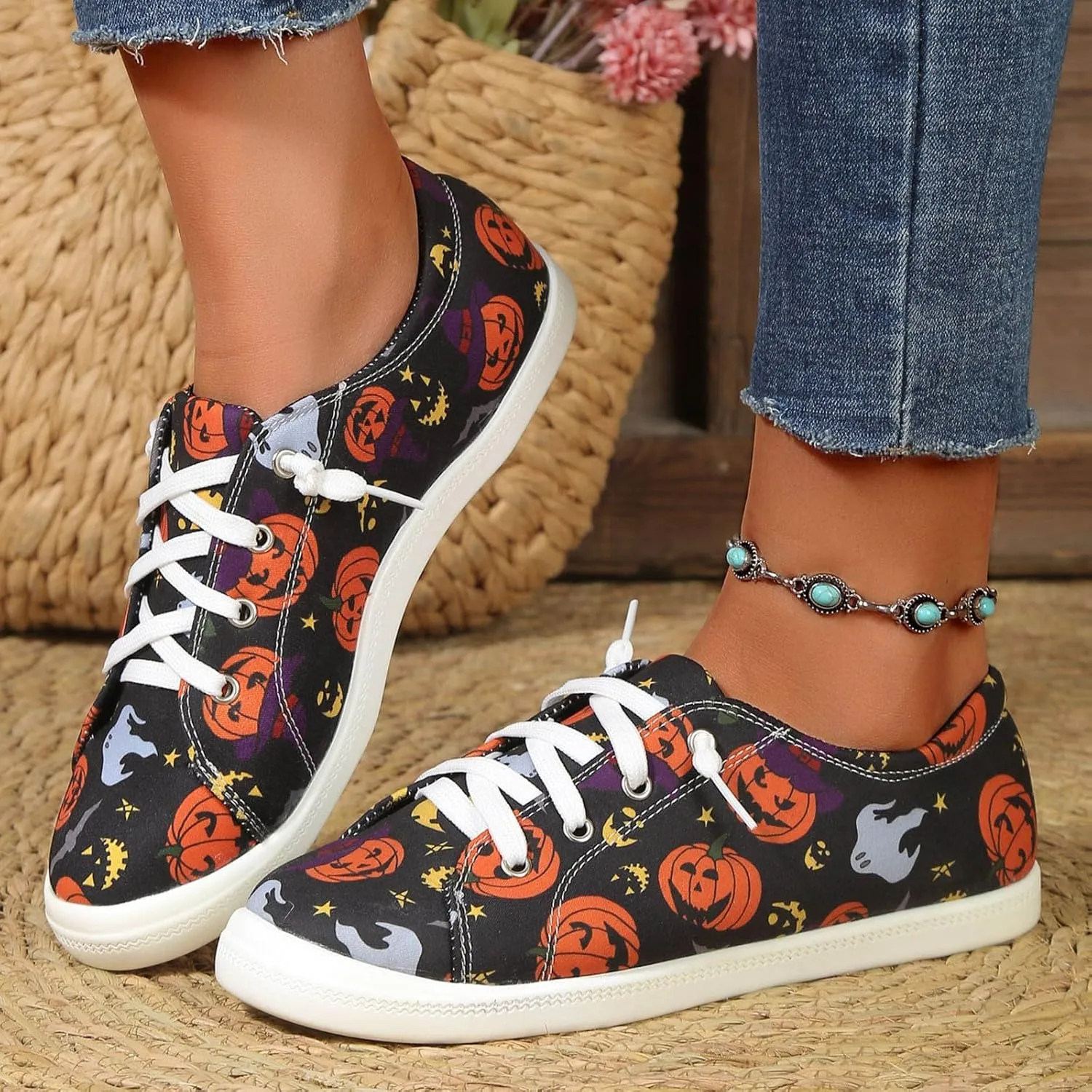 Crzidha Fashion Sneakers for Halloween,Stylish Pumpkin Print Colorful Lace-Up Canvas Flat Shoes Lightweight Slip-Ons Spooky Scary Skeleton Print Loafers Casual Halloween Festival Cosplay Party Flats