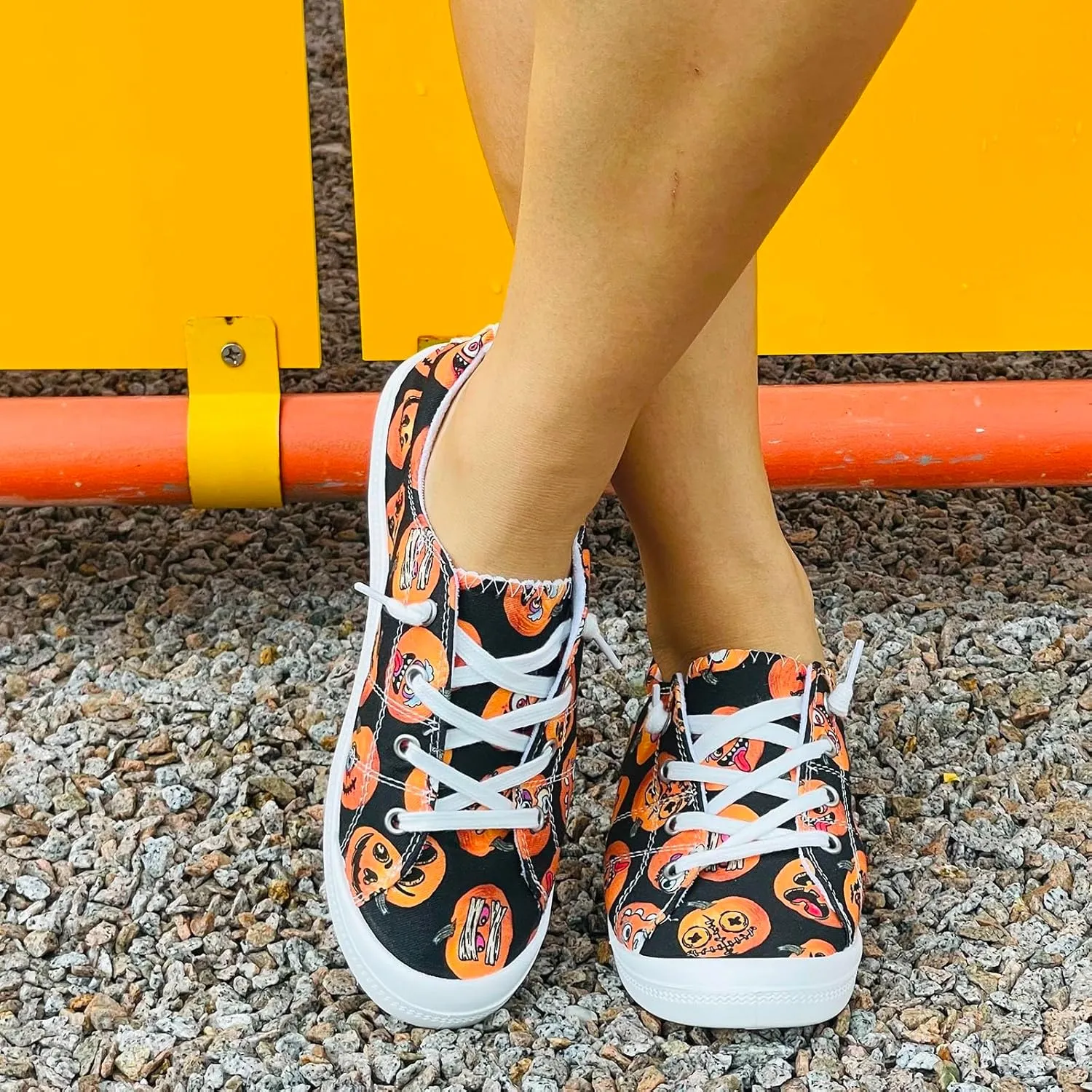 Crzidha Fashion Sneakers for Halloween,Stylish Pumpkin Print Colorful Lace-Up Canvas Flat Shoes Lightweight Slip-Ons Spooky Scary Skeleton Print Loafers Casual Halloween Festival Cosplay Party Flats
