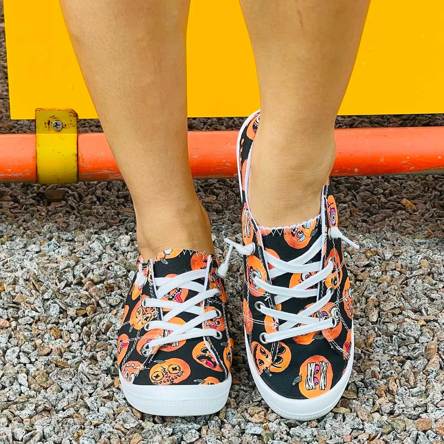 Crzidha Fashion Sneakers for Halloween,Stylish Pumpkin Print Colorful Lace-Up Canvas Flat Shoes Lightweight Slip-Ons Spooky Scary Skeleton Print Loafers Casual Halloween Festival Cosplay Party Flats