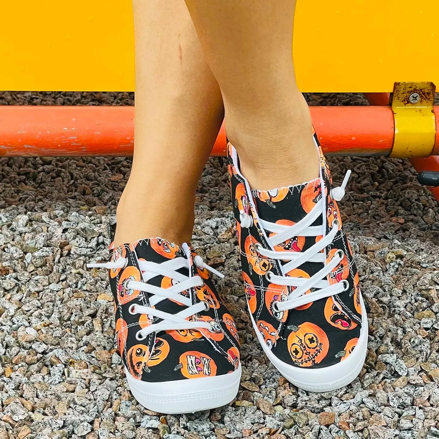 Crzidha Fashion Sneakers for Halloween,Stylish Pumpkin Print Colorful Lace-Up Canvas Flat Shoes Lightweight Slip-Ons Spooky Scary Skeleton Print Loafers Casual Halloween Festival Cosplay Party Flats