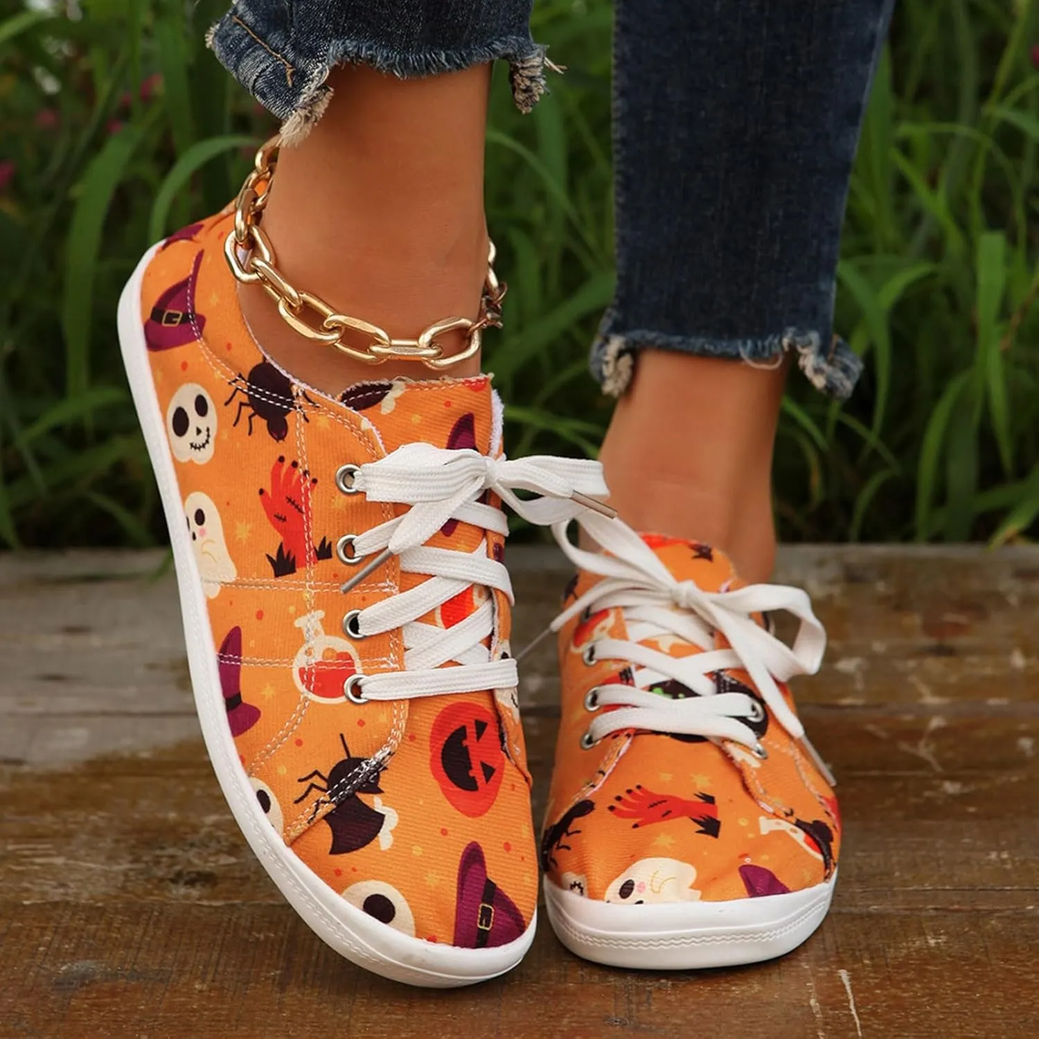 Crzidha Fashion Sneakers for Halloween,Stylish Pumpkin Print Colorful Lace-Up Canvas Flat Shoes Lightweight Slip-Ons Spooky Scary Skeleton Print Loafers Casual Halloween Festival Cosplay Party Flats