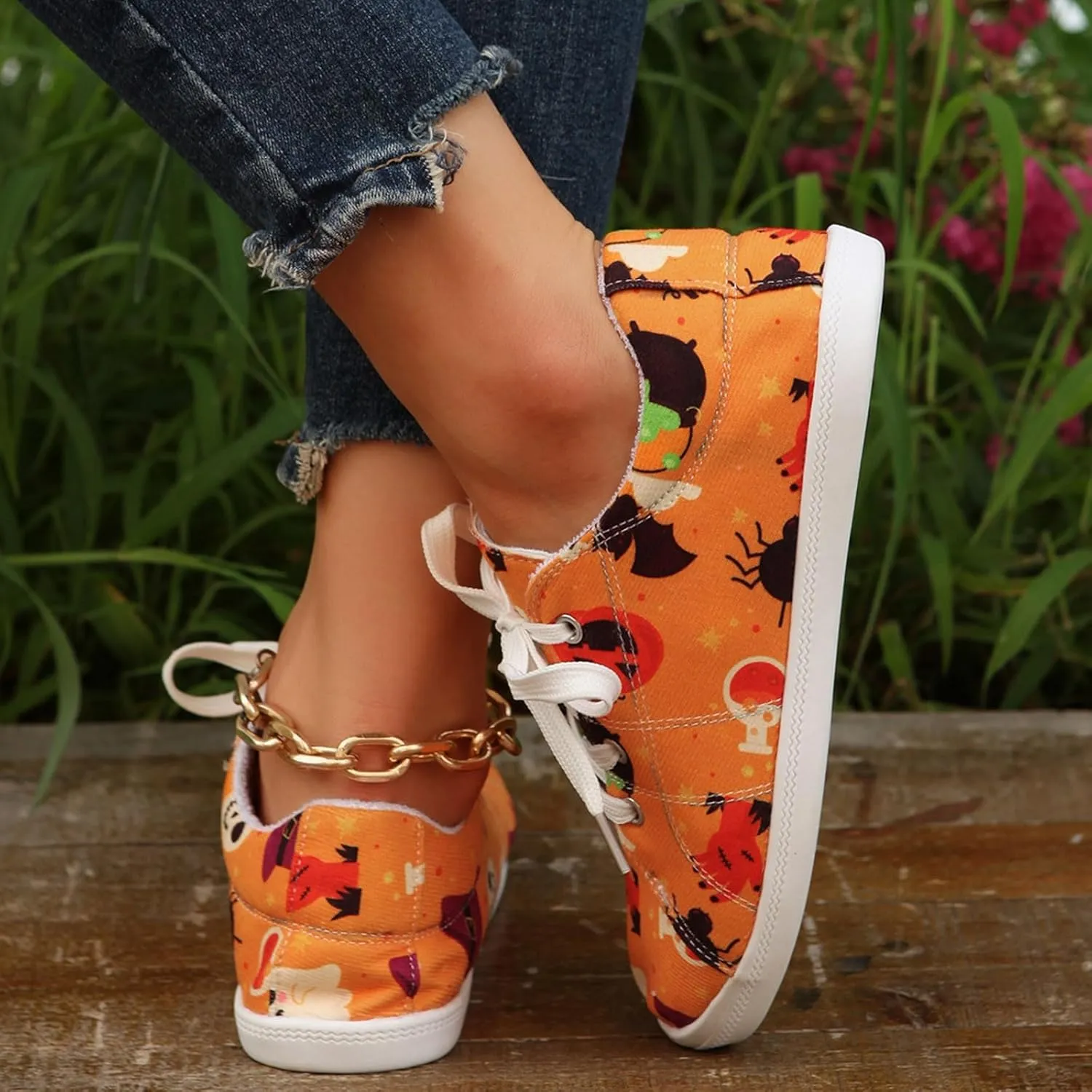 Crzidha Fashion Sneakers for Halloween,Stylish Pumpkin Print Colorful Lace-Up Canvas Flat Shoes Lightweight Slip-Ons Spooky Scary Skeleton Print Loafers Casual Halloween Festival Cosplay Party Flats