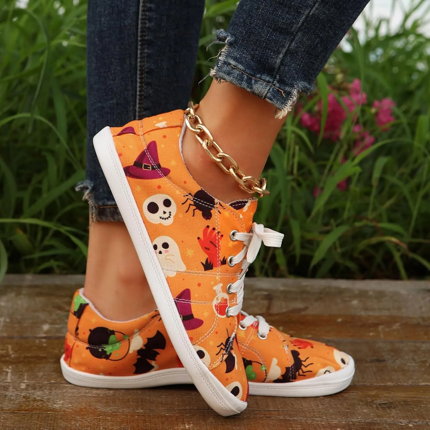 Crzidha Fashion Sneakers for Halloween,Stylish Pumpkin Print Colorful Lace-Up Canvas Flat Shoes Lightweight Slip-Ons Spooky Scary Skeleton Print Loafers Casual Halloween Festival Cosplay Party Flats