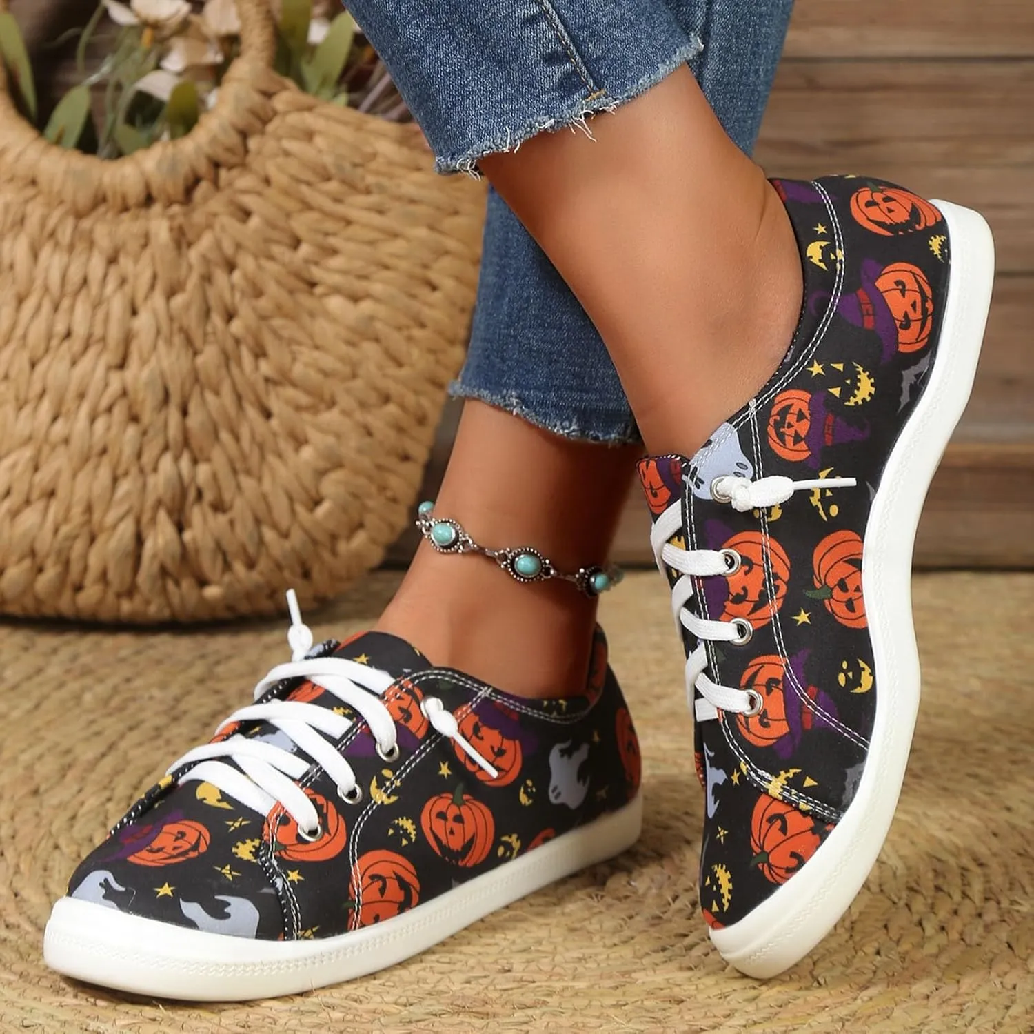 Crzidha Fashion Sneakers for Halloween,Stylish Pumpkin Print Colorful Lace-Up Canvas Flat Shoes Lightweight Slip-Ons Spooky Scary Skeleton Print Loafers Casual Halloween Festival Cosplay Party Flats