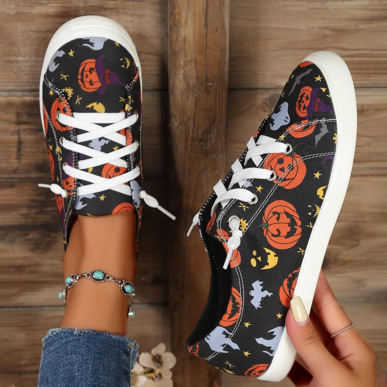 Crzidha Fashion Sneakers for Halloween,Stylish Pumpkin Print Colorful Lace-Up Canvas Flat Shoes Lightweight Slip-Ons Spooky Scary Skeleton Print Loafers Casual Halloween Festival Cosplay Party Flats