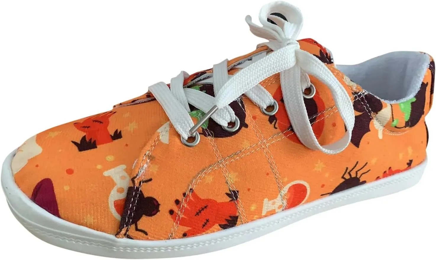 Crzidha Fashion Sneakers for Halloween,Stylish Pumpkin Print Colorful Lace-Up Canvas Flat Shoes Lightweight Slip-Ons Spooky Scary Skeleton Print Loafers Casual Halloween Festival Cosplay Party Flats