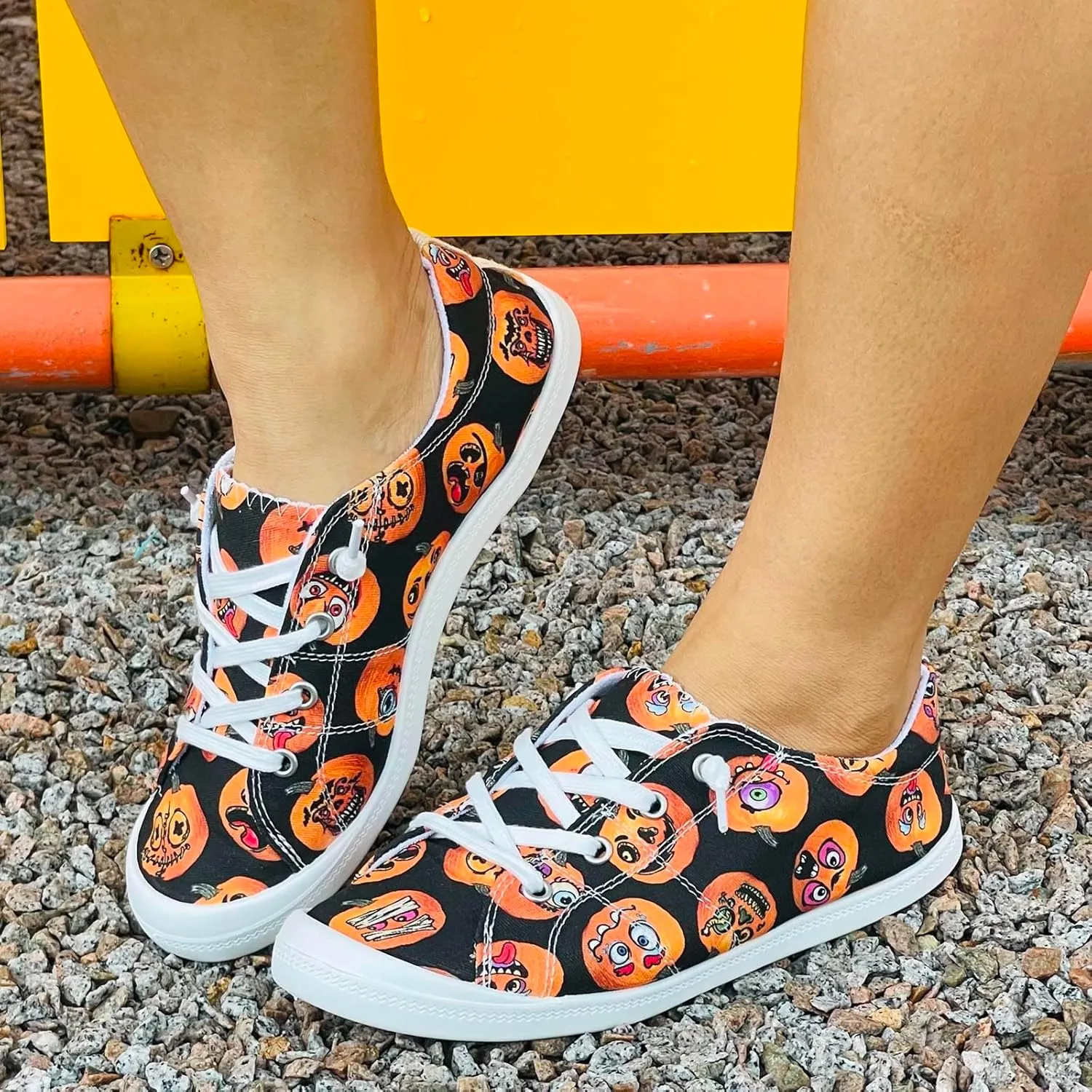 Crzidha Fashion Sneakers for Halloween,Stylish Pumpkin Print Colorful Lace-Up Canvas Flat Shoes Lightweight Slip-Ons Spooky Scary Skeleton Print Loafers Casual Halloween Festival Cosplay Party Flats