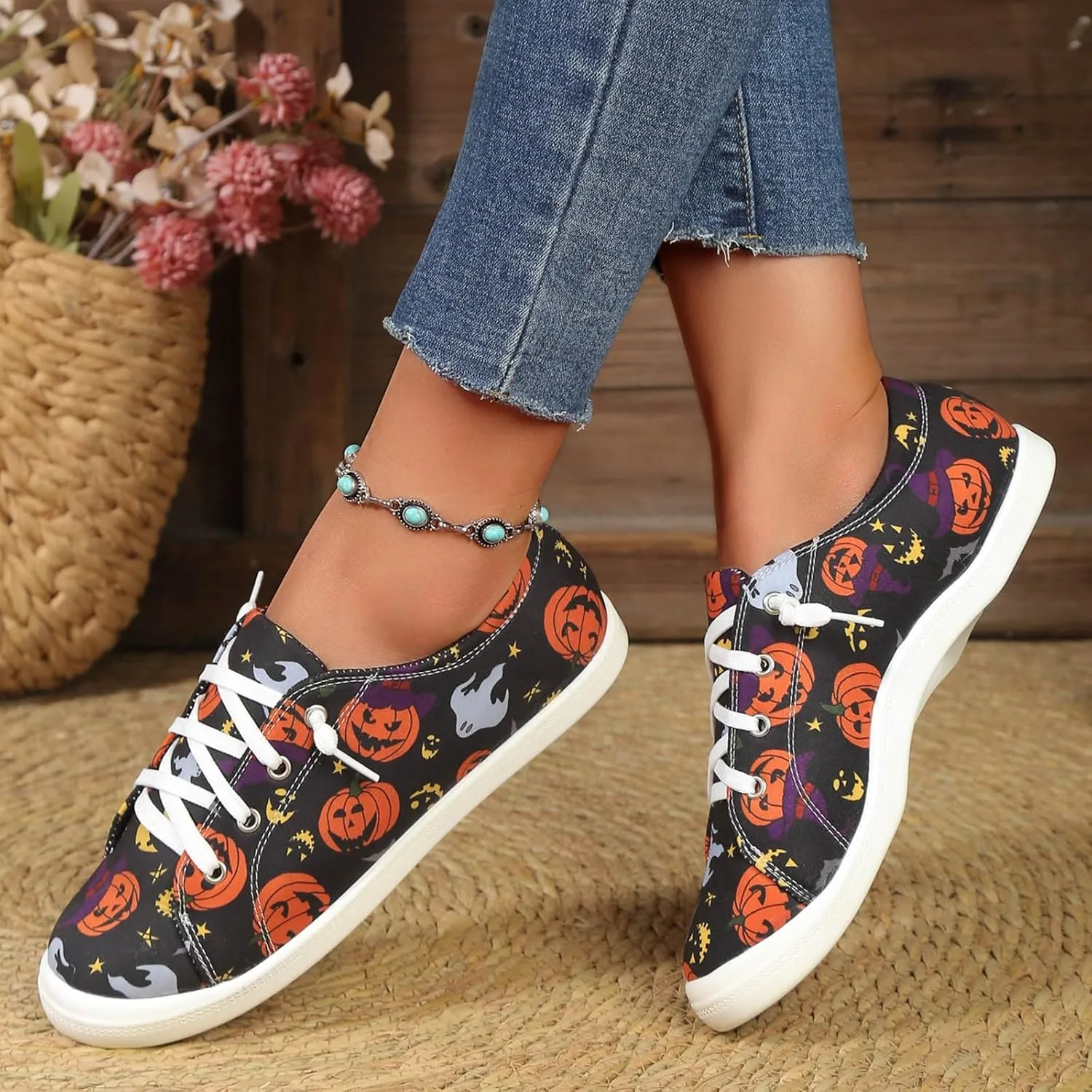 Crzidha Fashion Sneakers for Halloween,Stylish Pumpkin Print Colorful Lace-Up Canvas Flat Shoes Lightweight Slip-Ons Spooky Scary Skeleton Print Loafers Casual Halloween Festival Cosplay Party Flats