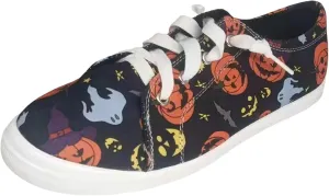 Crzidha Fashion Sneakers for Halloween,Stylish Pumpkin Print Colorful Lace-Up Canvas Flat Shoes Lightweight Slip-Ons Spooky Scary Skeleton Print Loafers Casual Halloween Festival Cosplay Party Flats