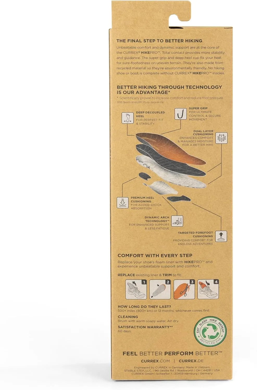 CURREX HikePro Insoles for Hiking Boots & Shoes  Shock Absorbing Inserts to Help Reduce Fatigue and Increase Performance  Anti-Slip Heel Surface for Stability  for Men & Women  High Arch, 2X
