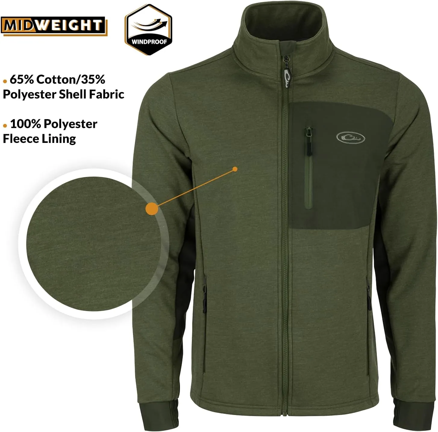 Drake Waterfowl Men's Hybrid Mid-Weight Water-Resistant Fleece-Lined Windproof Outdoor Hiking Jacket w/ 4-Way Stretch Cuffs