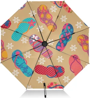 Exnundod Folding Umbrellas Summer Blue Flip Flops, Inverted Umbrella Leaves Flowers Windproof Travel Umbrellas for Rain Sun Compact Umbrella Reverse for Women Men