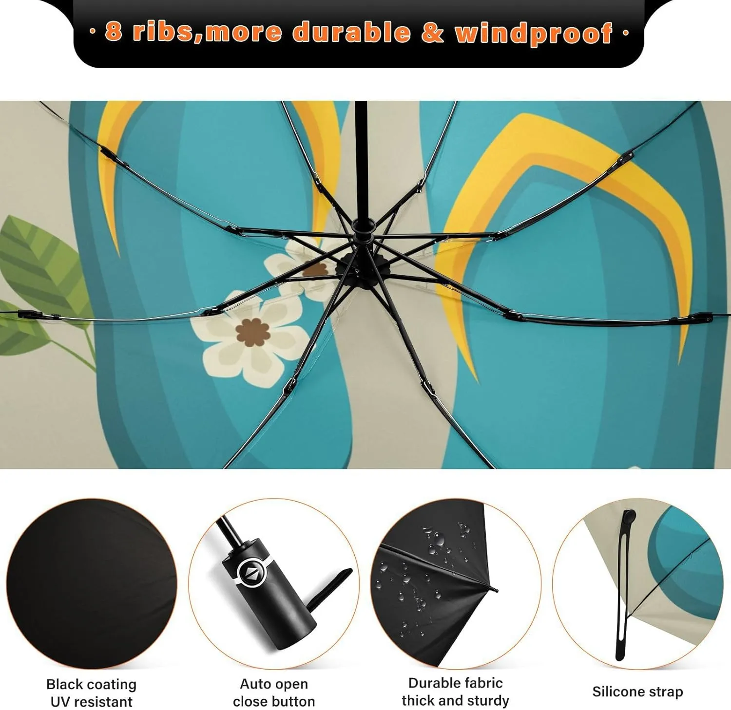 Exnundod Folding Umbrellas Summer Blue Flip Flops, Inverted Umbrella Leaves Flowers Windproof Travel Umbrellas for Rain Sun Compact Umbrella Reverse for Women Men