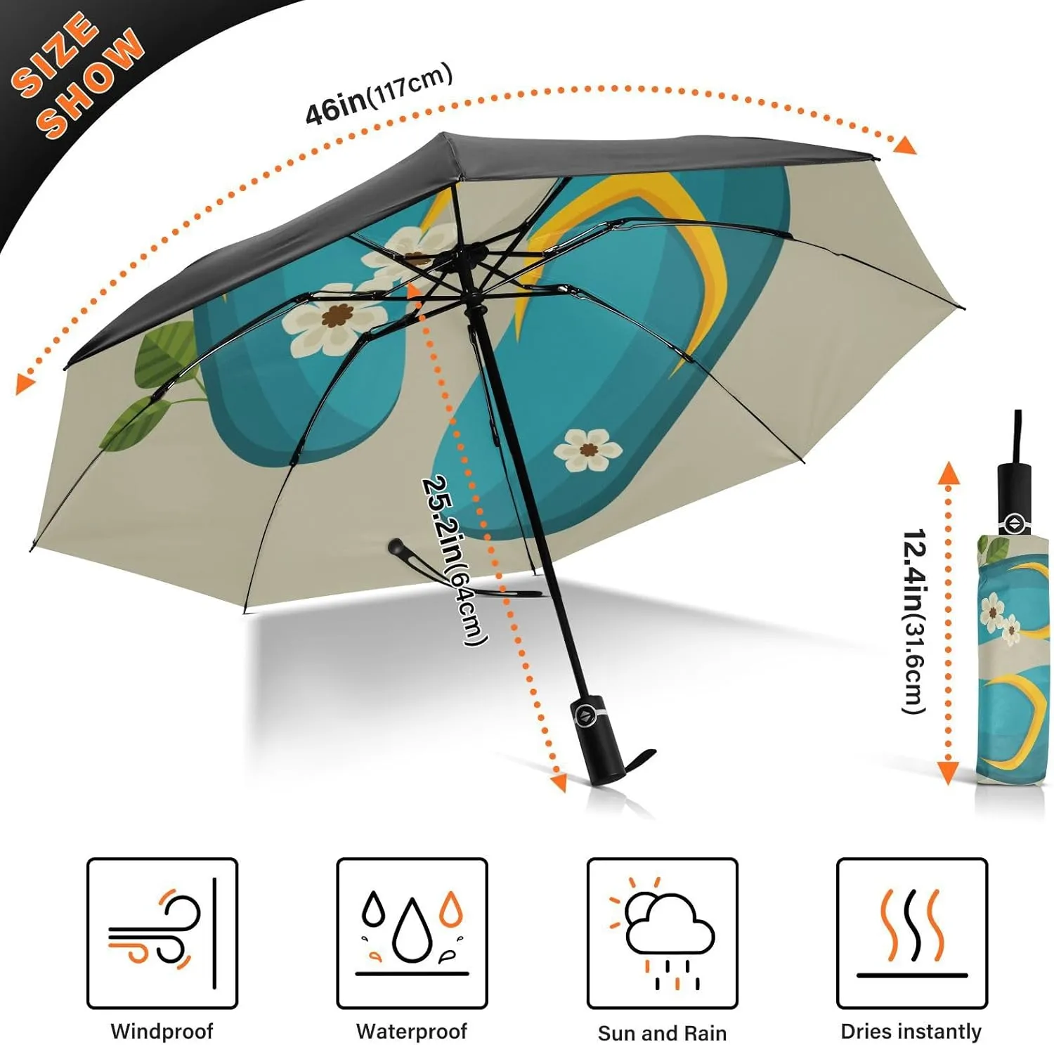 Exnundod Folding Umbrellas Summer Blue Flip Flops, Inverted Umbrella Leaves Flowers Windproof Travel Umbrellas for Rain Sun Compact Umbrella Reverse for Women Men