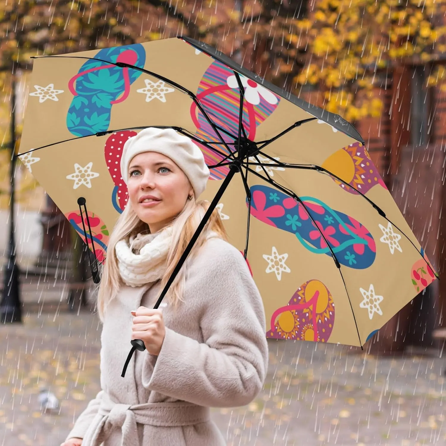 Exnundod Folding Umbrellas Summer Blue Flip Flops, Inverted Umbrella Leaves Flowers Windproof Travel Umbrellas for Rain Sun Compact Umbrella Reverse for Women Men