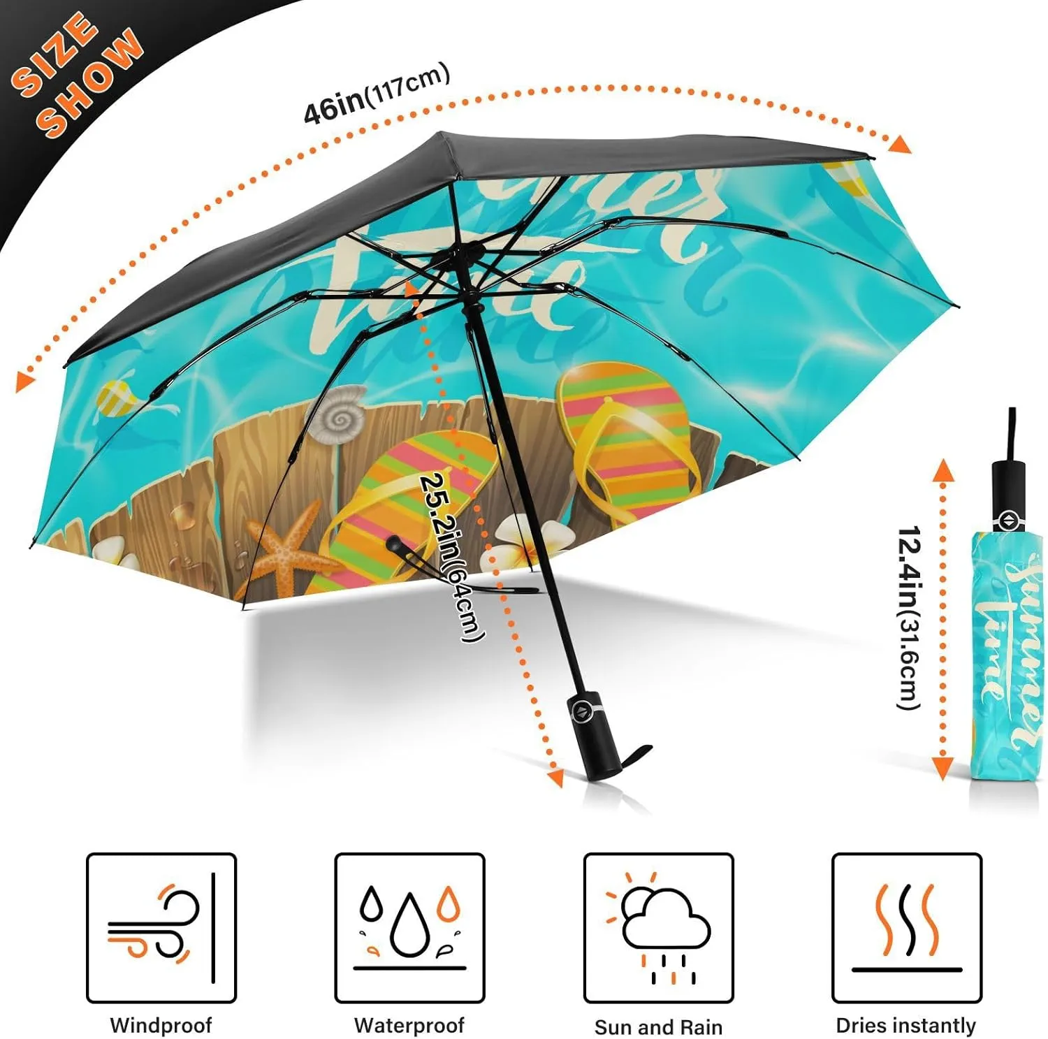 Exnundod Folding Umbrellas Summer Blue Flip Flops, Inverted Umbrella Leaves Flowers Windproof Travel Umbrellas for Rain Sun Compact Umbrella Reverse for Women Men