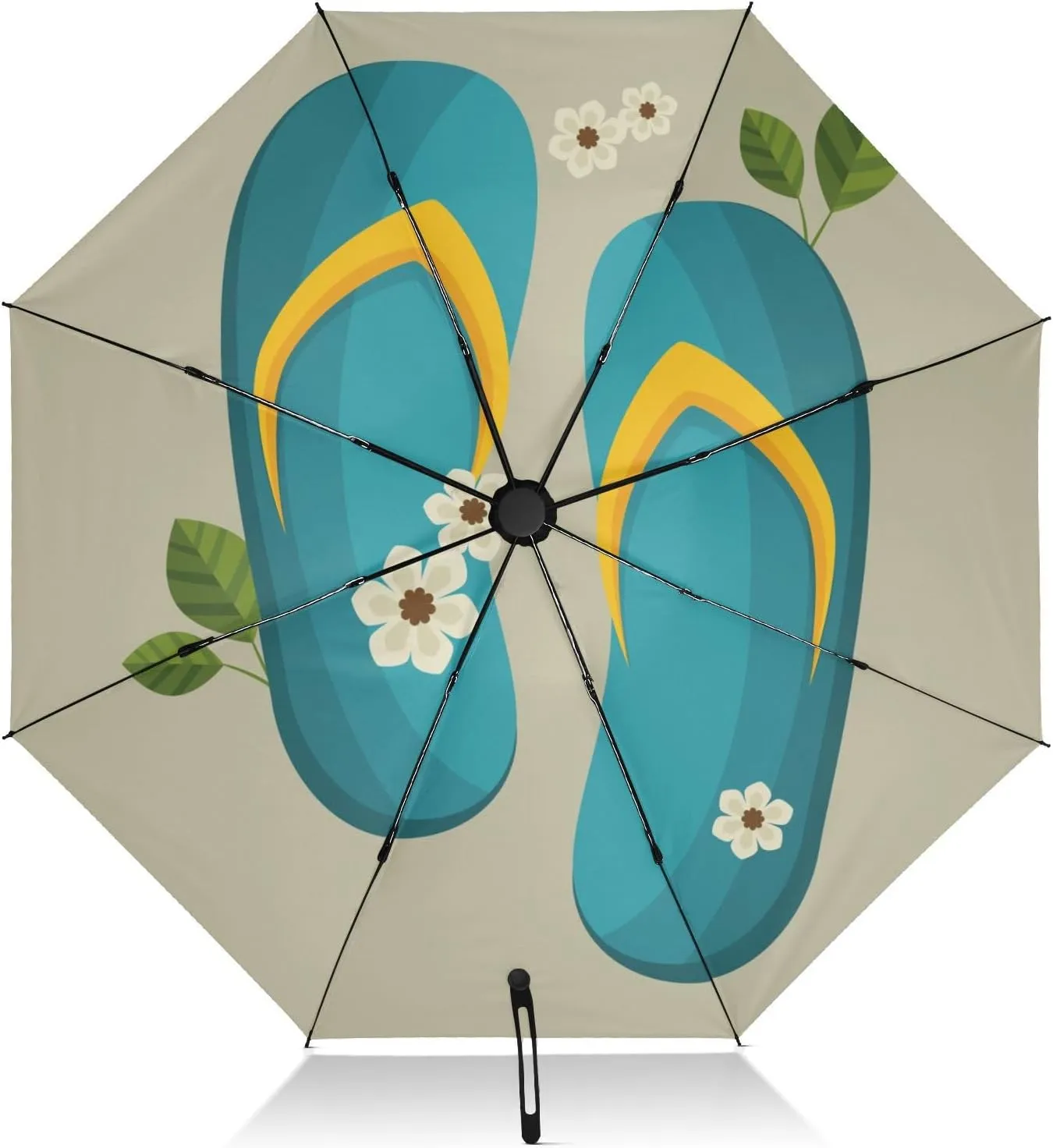 Exnundod Folding Umbrellas Summer Blue Flip Flops, Inverted Umbrella Leaves Flowers Windproof Travel Umbrellas for Rain Sun Compact Umbrella Reverse for Women Men