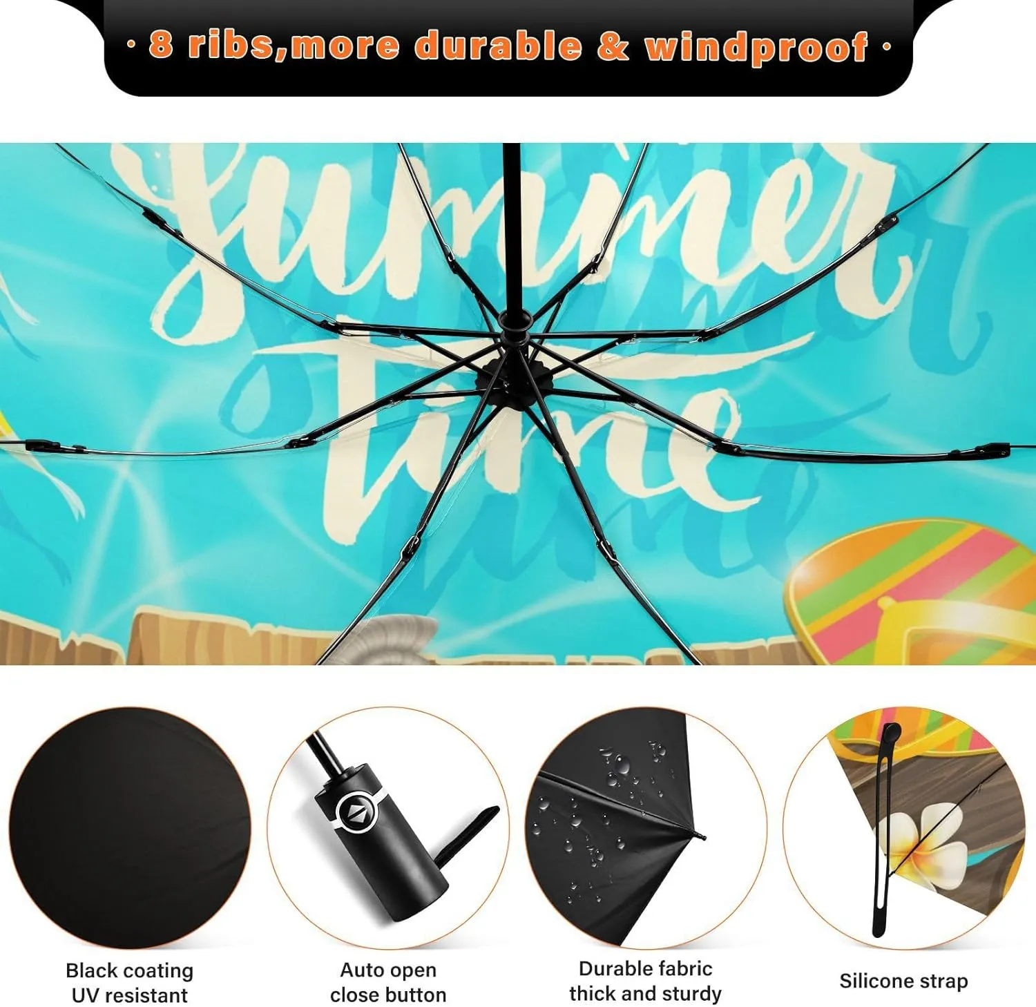 Exnundod Folding Umbrellas Summer Blue Flip Flops, Inverted Umbrella Leaves Flowers Windproof Travel Umbrellas for Rain Sun Compact Umbrella Reverse for Women Men