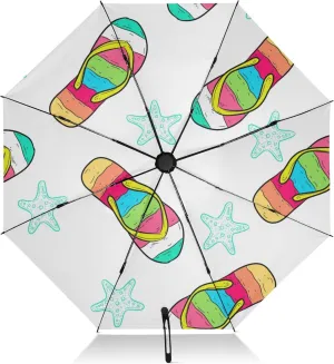 Exnundod Folding Umbrellas Summer Blue Flip Flops, Inverted Umbrella Leaves Flowers Windproof Travel Umbrellas for Rain Sun Compact Umbrella Reverse for Women Men