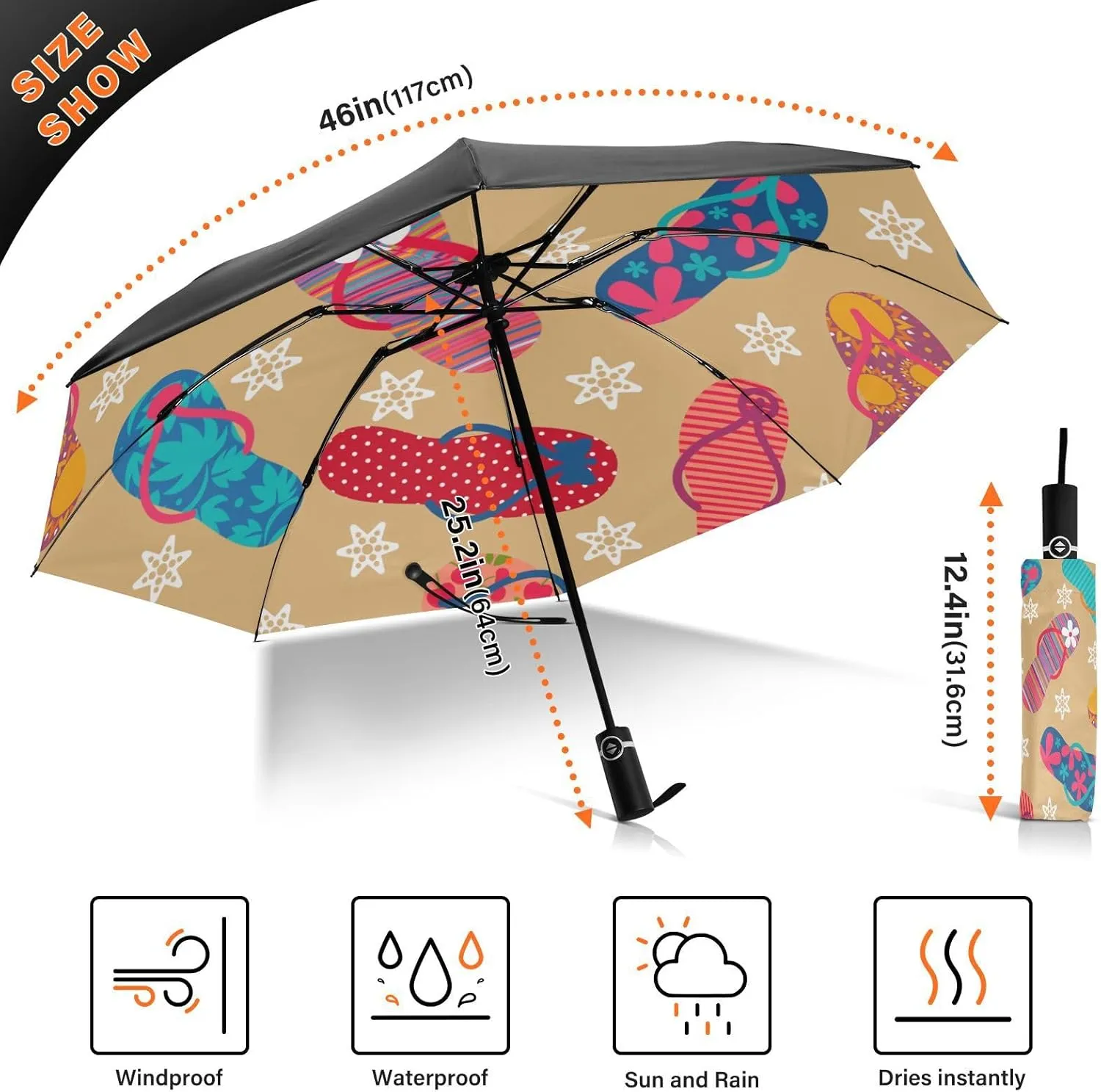 Exnundod Folding Umbrellas Summer Blue Flip Flops, Inverted Umbrella Leaves Flowers Windproof Travel Umbrellas for Rain Sun Compact Umbrella Reverse for Women Men
