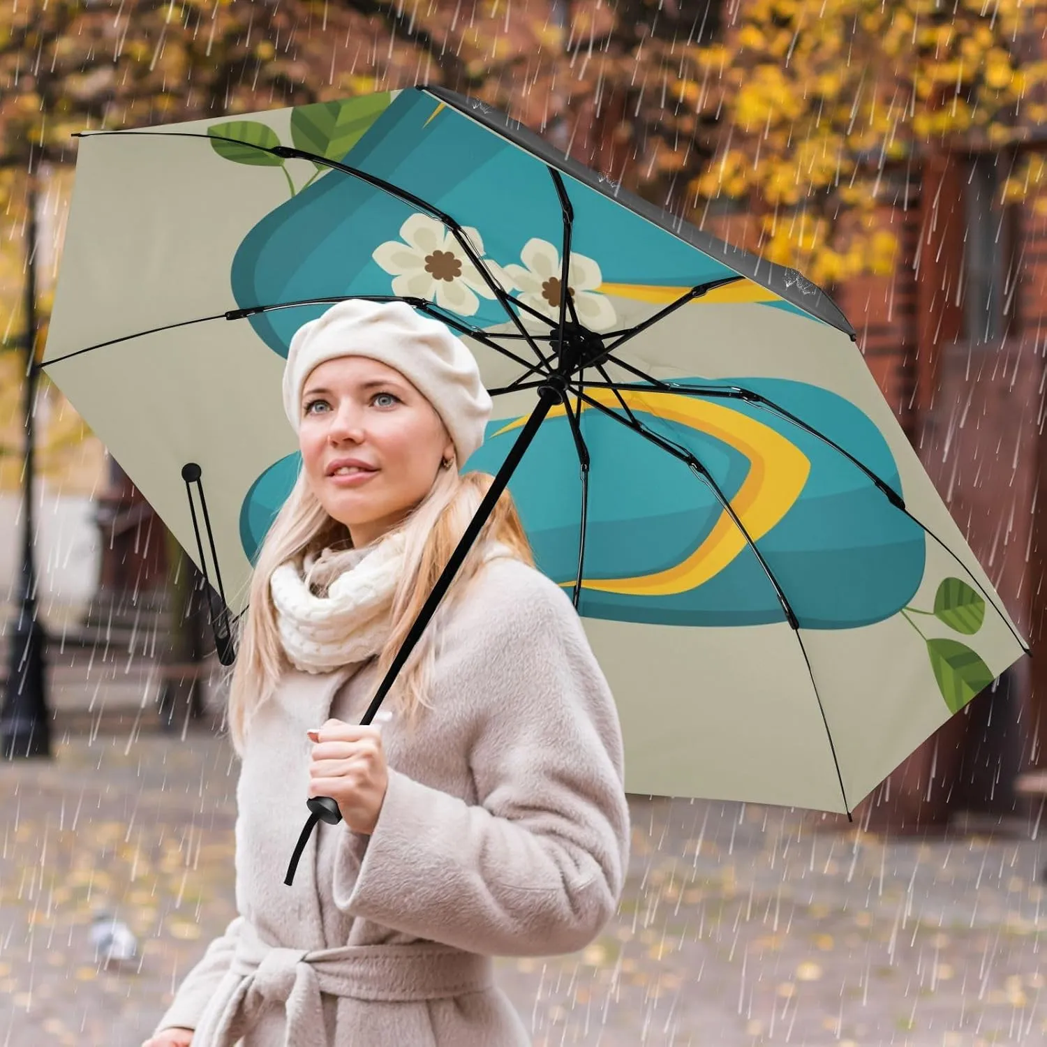 Exnundod Folding Umbrellas Summer Blue Flip Flops, Inverted Umbrella Leaves Flowers Windproof Travel Umbrellas for Rain Sun Compact Umbrella Reverse for Women Men