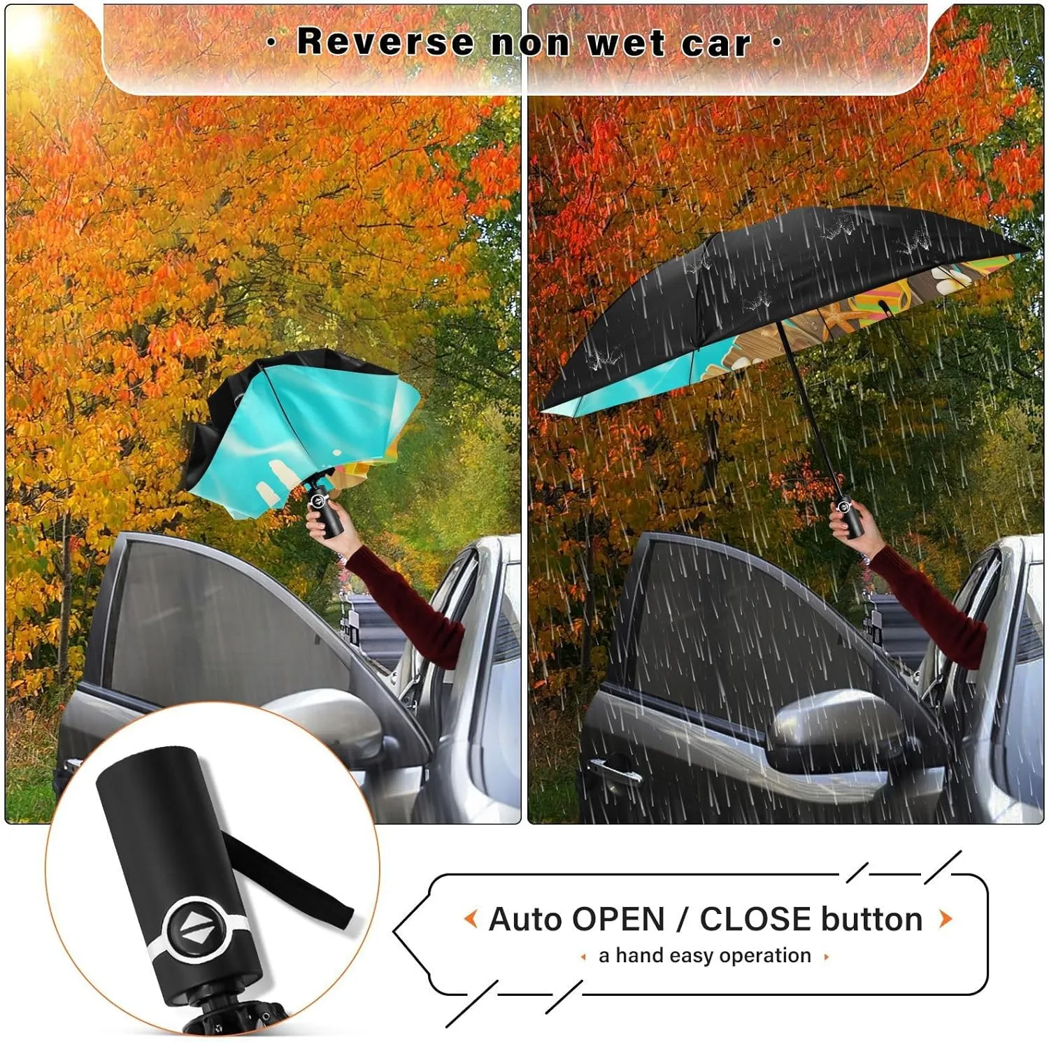 Exnundod Folding Umbrellas Summer Blue Flip Flops, Inverted Umbrella Leaves Flowers Windproof Travel Umbrellas for Rain Sun Compact Umbrella Reverse for Women Men