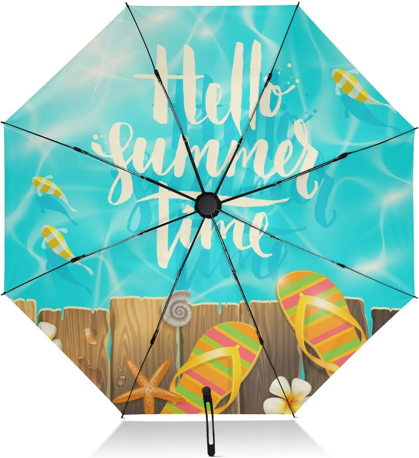 Exnundod Folding Umbrellas Summer Blue Flip Flops, Inverted Umbrella Leaves Flowers Windproof Travel Umbrellas for Rain Sun Compact Umbrella Reverse for Women Men