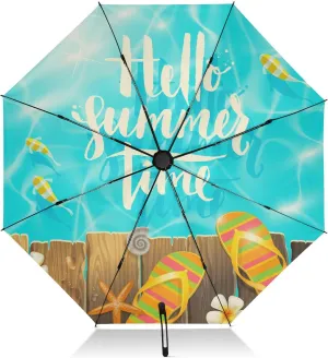 Exnundod Folding Umbrellas Summer Blue Flip Flops, Inverted Umbrella Leaves Flowers Windproof Travel Umbrellas for Rain Sun Compact Umbrella Reverse for Women Men