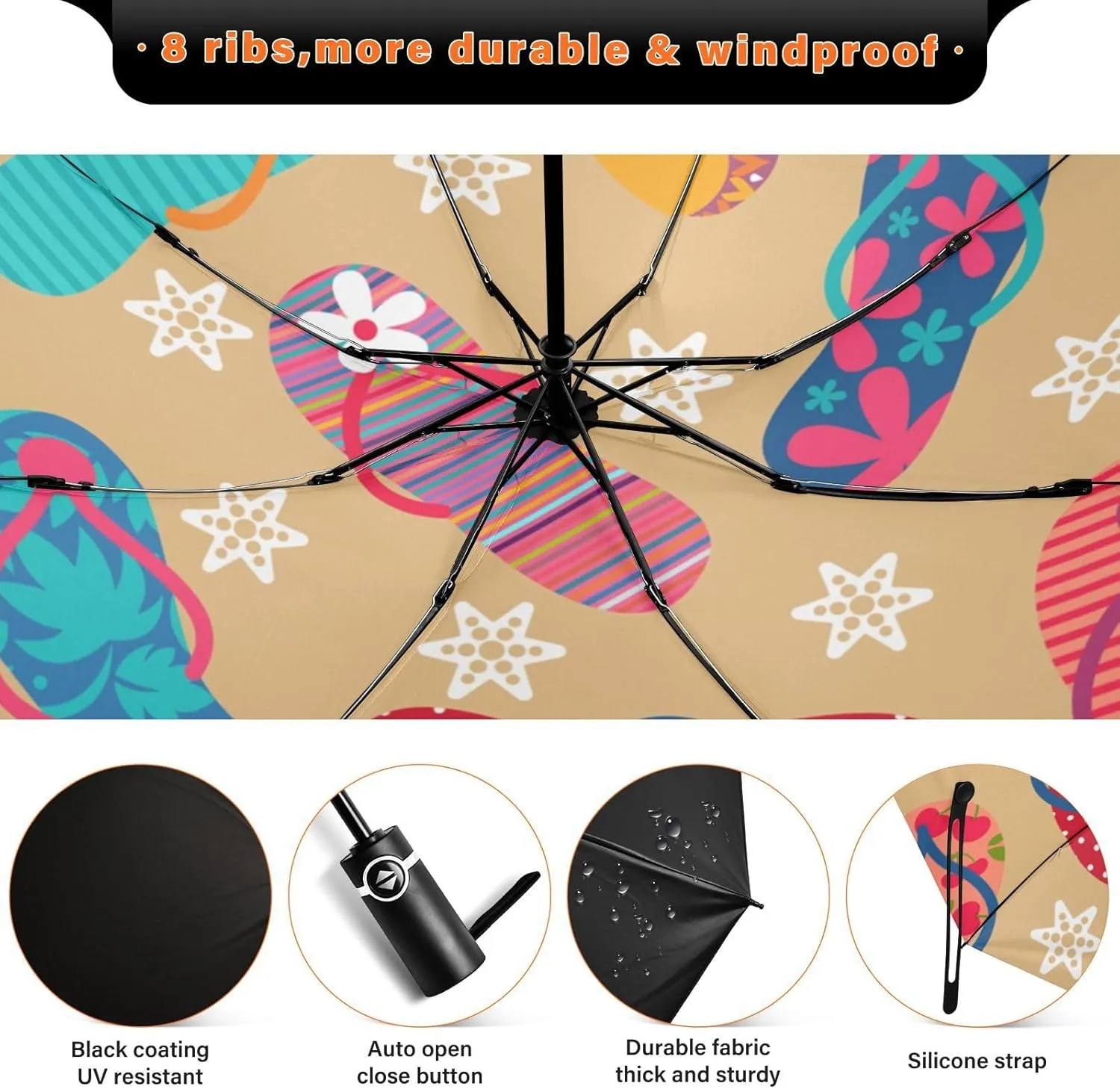 Exnundod Folding Umbrellas Summer Blue Flip Flops, Inverted Umbrella Leaves Flowers Windproof Travel Umbrellas for Rain Sun Compact Umbrella Reverse for Women Men