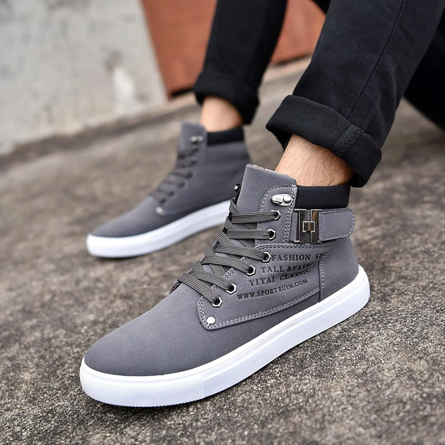 Flat Bottom Sport Shoes for Men Memory Foam Ankle Boots Lace Up Walking Boots Mens Dress Shoes No Laces